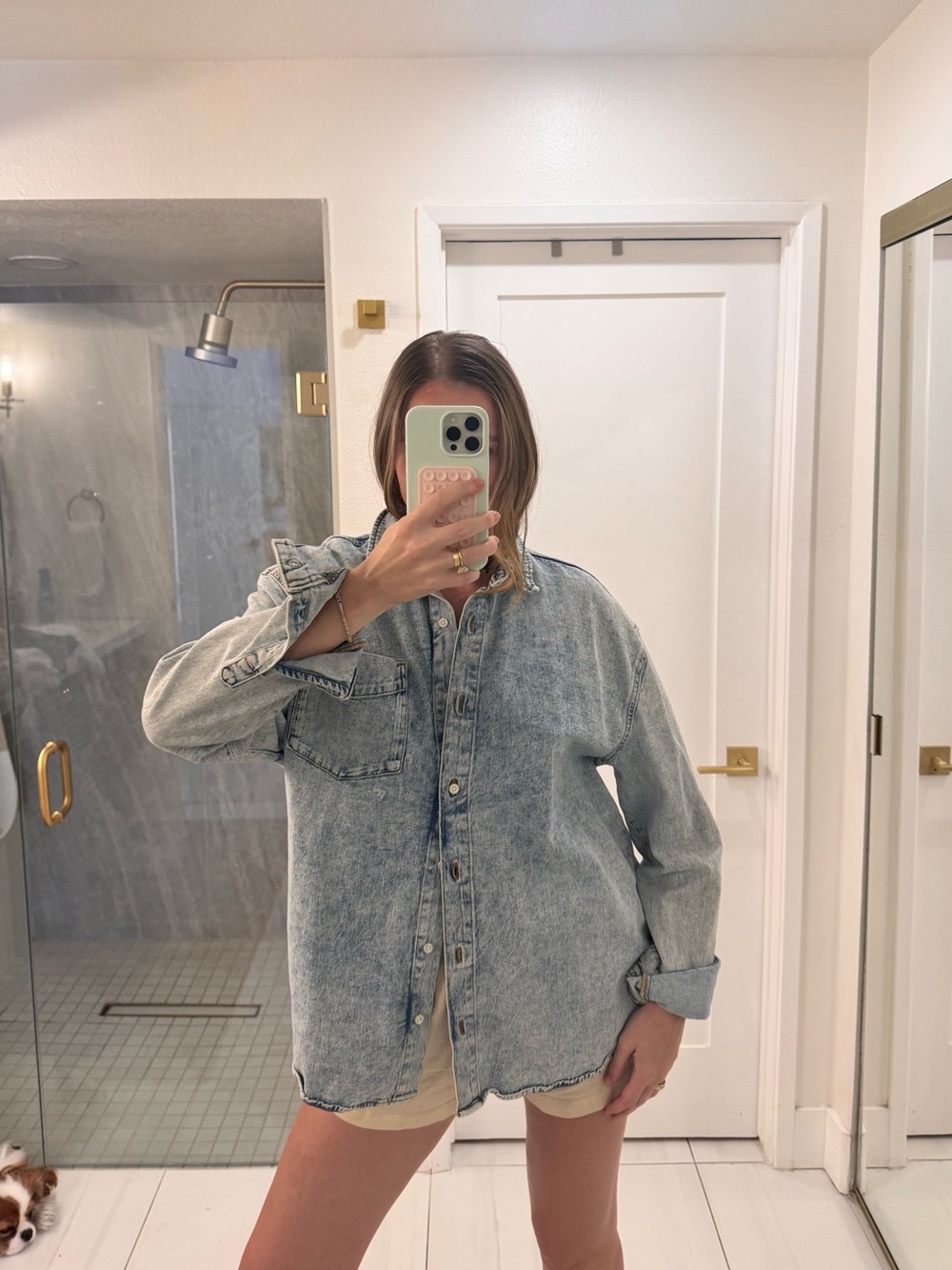 WeWoreWhat Acid Wash Light Blue Denim Button-Down Shirt